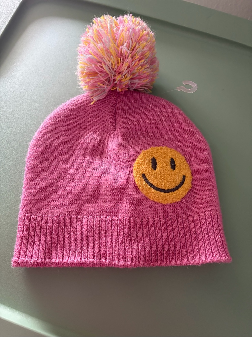 Pink Pom-Pom Kids Beanie with Yellow Smiley Patch